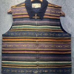 Vintage Y2K Southwestern Striped Woven Cotton Vest Blue Corduroy Collar Large
